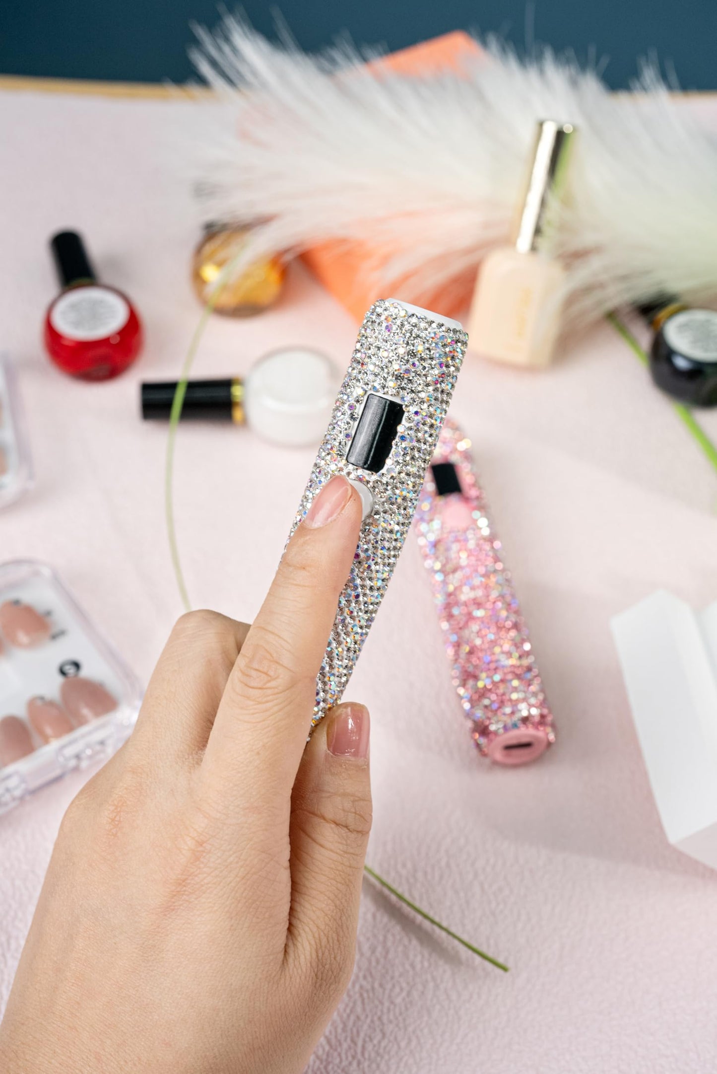 keeyada 3W Portable LED Nail Lamp with Sparkly Rhinestones, Handheld UV Light, Wireless Rechargeable USB Nail Dryer with Silicone Stamper, LCD Display Screen for Fast Curing Home DIY Manicure Pink