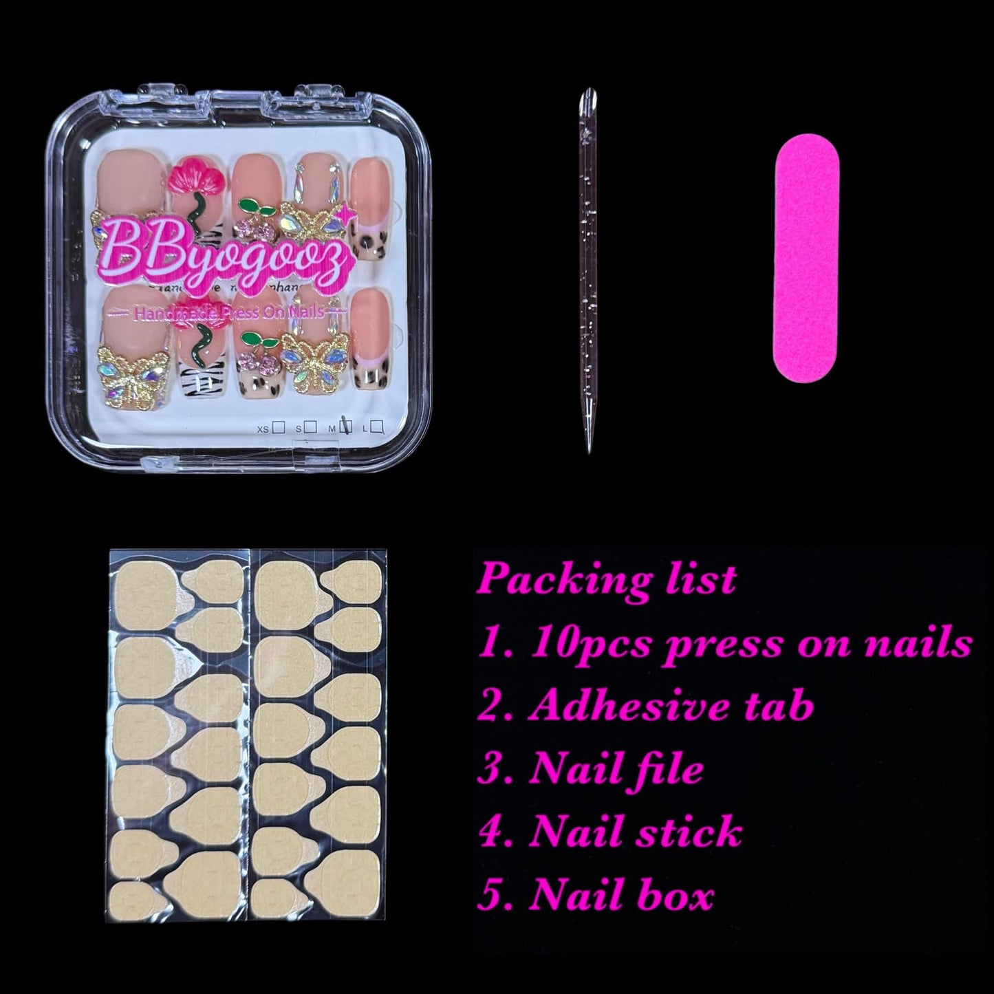 Handmade Press On Nails, Short Medium Square Nude Pink with 3D Butterfly & Flower Design, Reusable Acrylic Fake Nails with Crystals, Blush Garden (M)