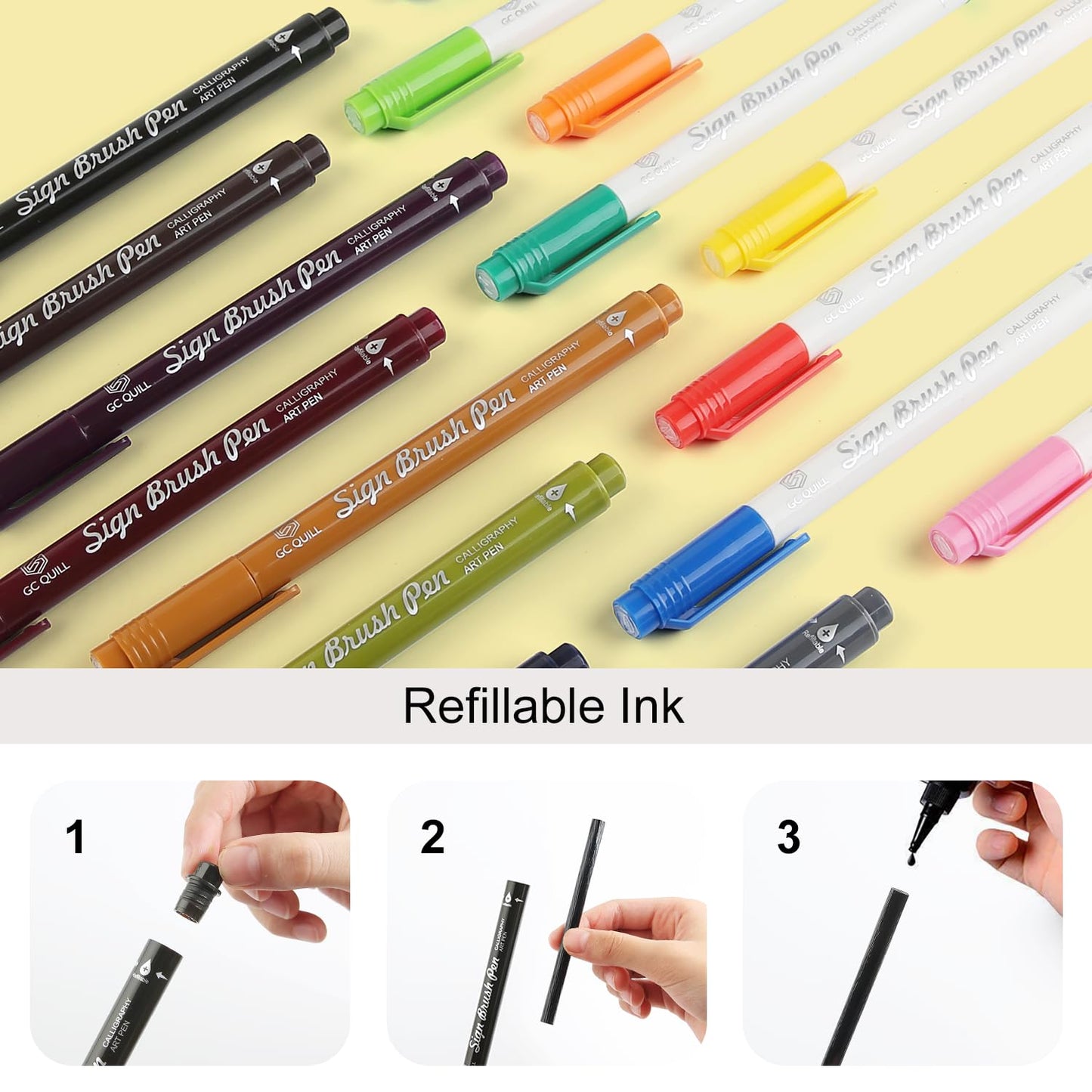 GC QUILL Fudenosuke Brush Pen - 16 Colors Calligraphy Brush Pens for Hand Lettering, Calligraphy, Drawing, Writing, Journaling GC-SB16