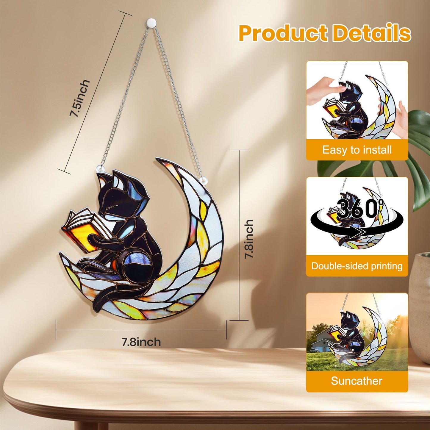 EOBROMD Stained Glass Window Hanging Suncatcher, Black Cat and Moon Double Side Glass Panel Sun Catchers, Handmade Decor Birthday Gifts for Women, Men, Mom, Couples and Lovers 7.8x7.8 inch