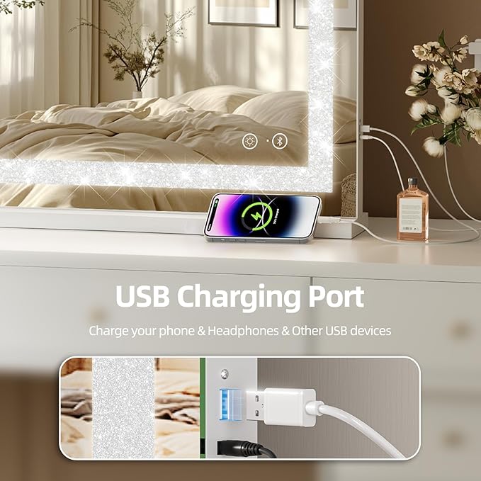 Fenair Vanity Mirror with Lights and Bluetooth Speaker 22.8* 18.1’ Hollywood Mirror with Crystal Light Strip Makeup Mirror, 3 Color LED Mirror USB Charging Port, 10X Magnification, Smart Touch, White
