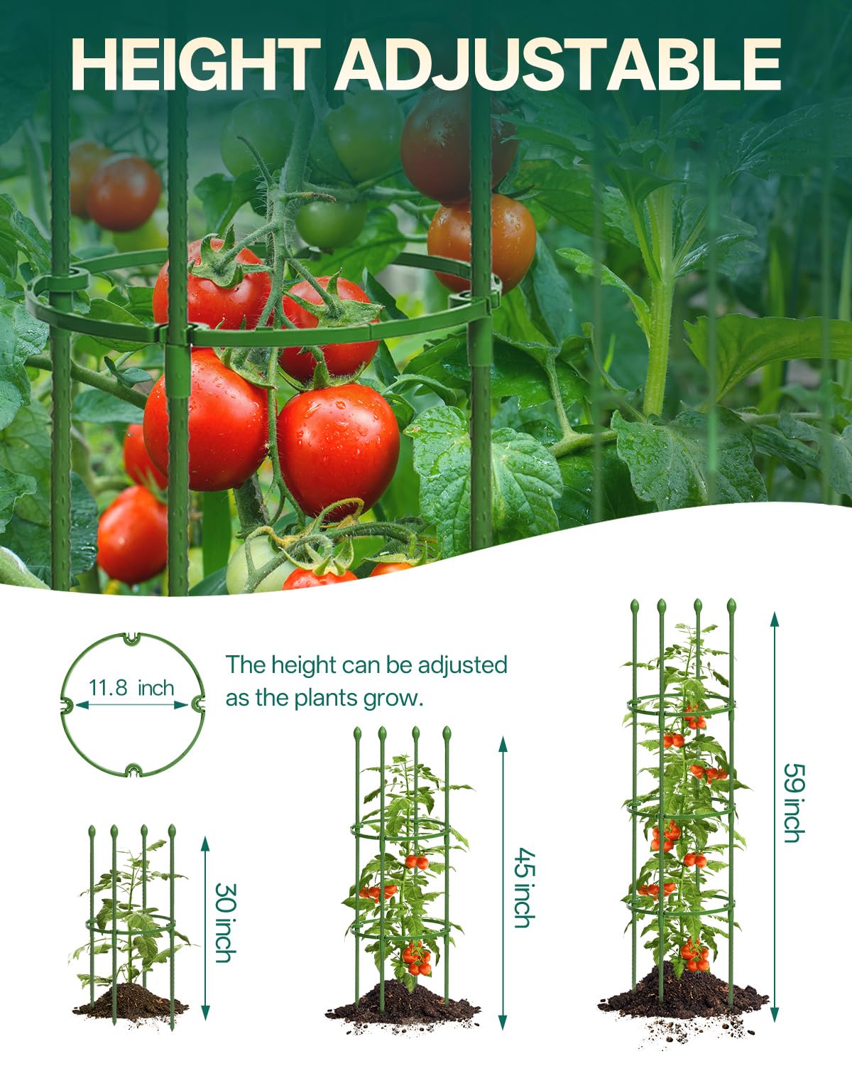 Breeze Touch Tomato Support Cages 2 Pack, Adjustable Tomato Trellis Up to 59 Inch for Garden & Pots, Small Plant Cages, Plant Support for Climbing Vegetables, Flowers, Beans, Cucumber, Peony