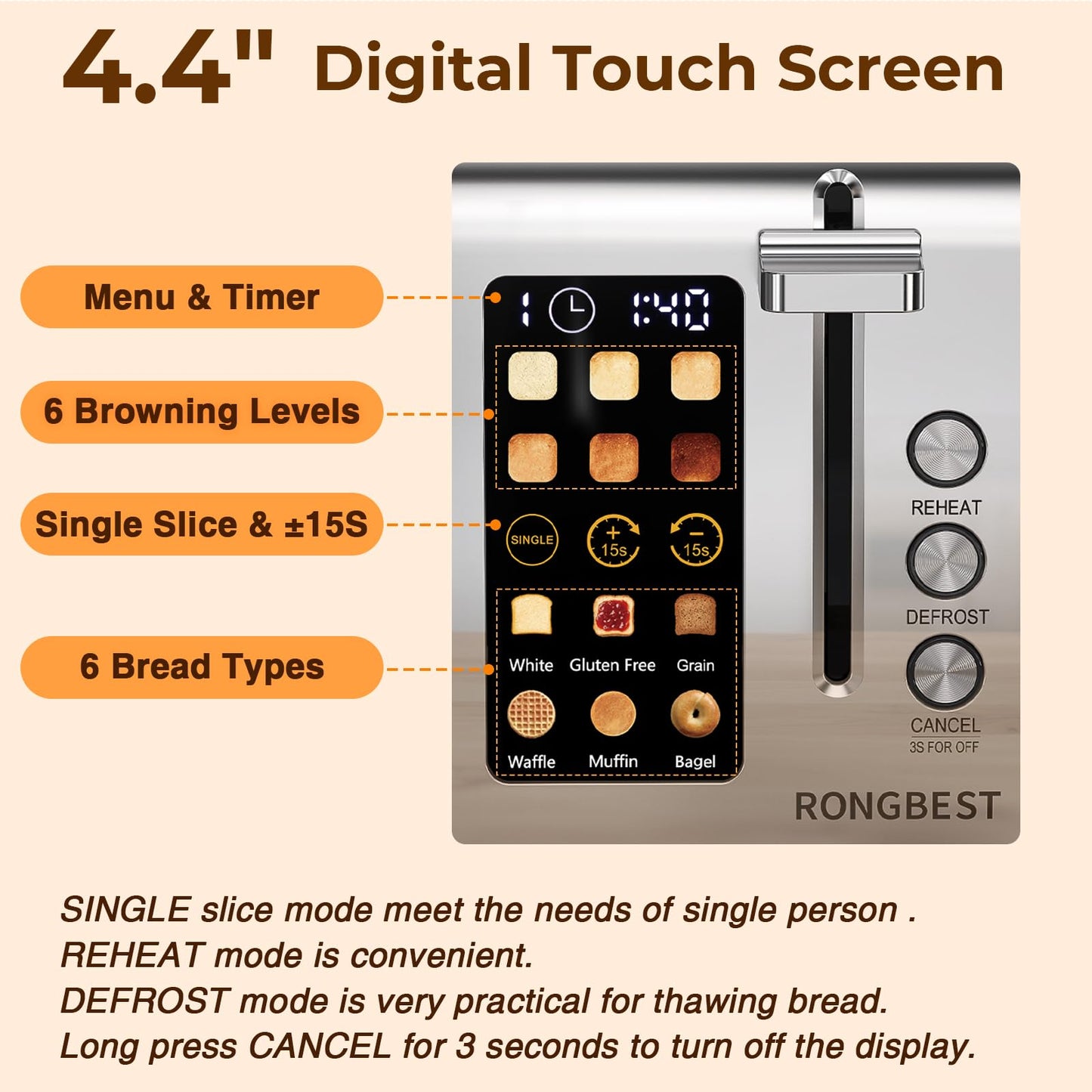 2 Slice Touch Screen Toaster Stainless Steel with Wide Slots, Even Toasting for Bagels & Bread, Defrost & Reheat, Easy Removable Crumb Tray, Matt Black