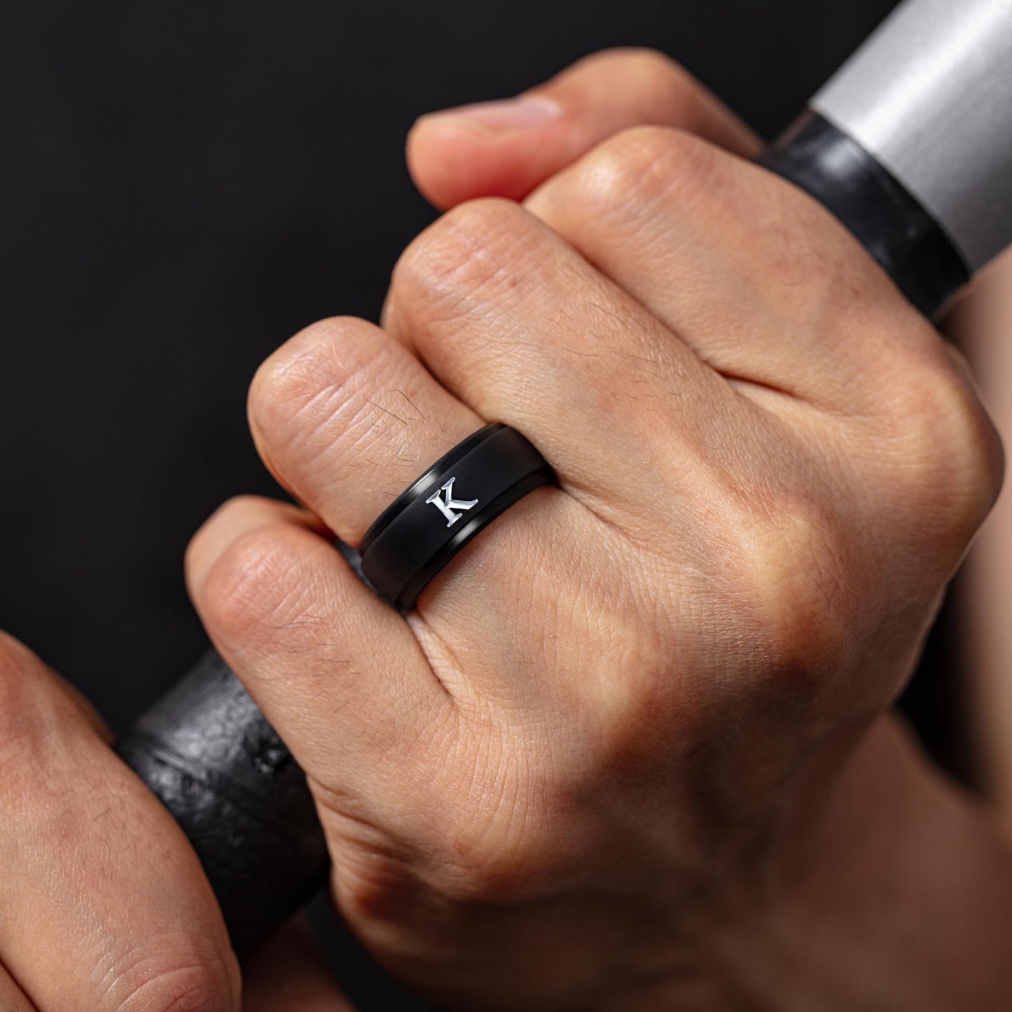 ThunderFit Black Silicone Initial Ring for Him - Personalized One Letter Wedding Rubber Band - Comfortable Fit - Unique Anniversary, Birthday Gifts for Men with Gift Box (K, Size 8.5-9)