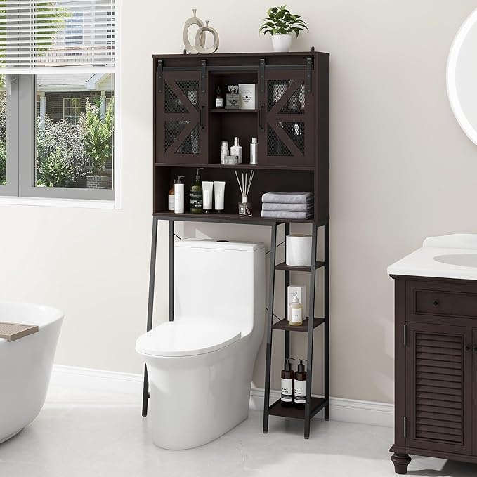 Over The Toilet Storage Cabinet, Farmhouse Storage Cabinet Over Toilet with 2 Sliding Barn Door，Home Space-Saving Toilet Rack, for Bathroom, Restroom, Laundry，Espresso