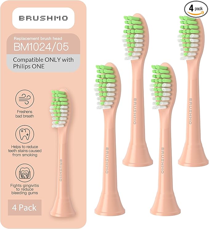 Brushmo Replacement Toothbrush Heads, Compatible with Philips One for Sonicare Electric Toothbrush Handles HY1022, 4 Standard Heads with Tongue Cleaner, Soft DuPontBristles, BM124m, Shimmer