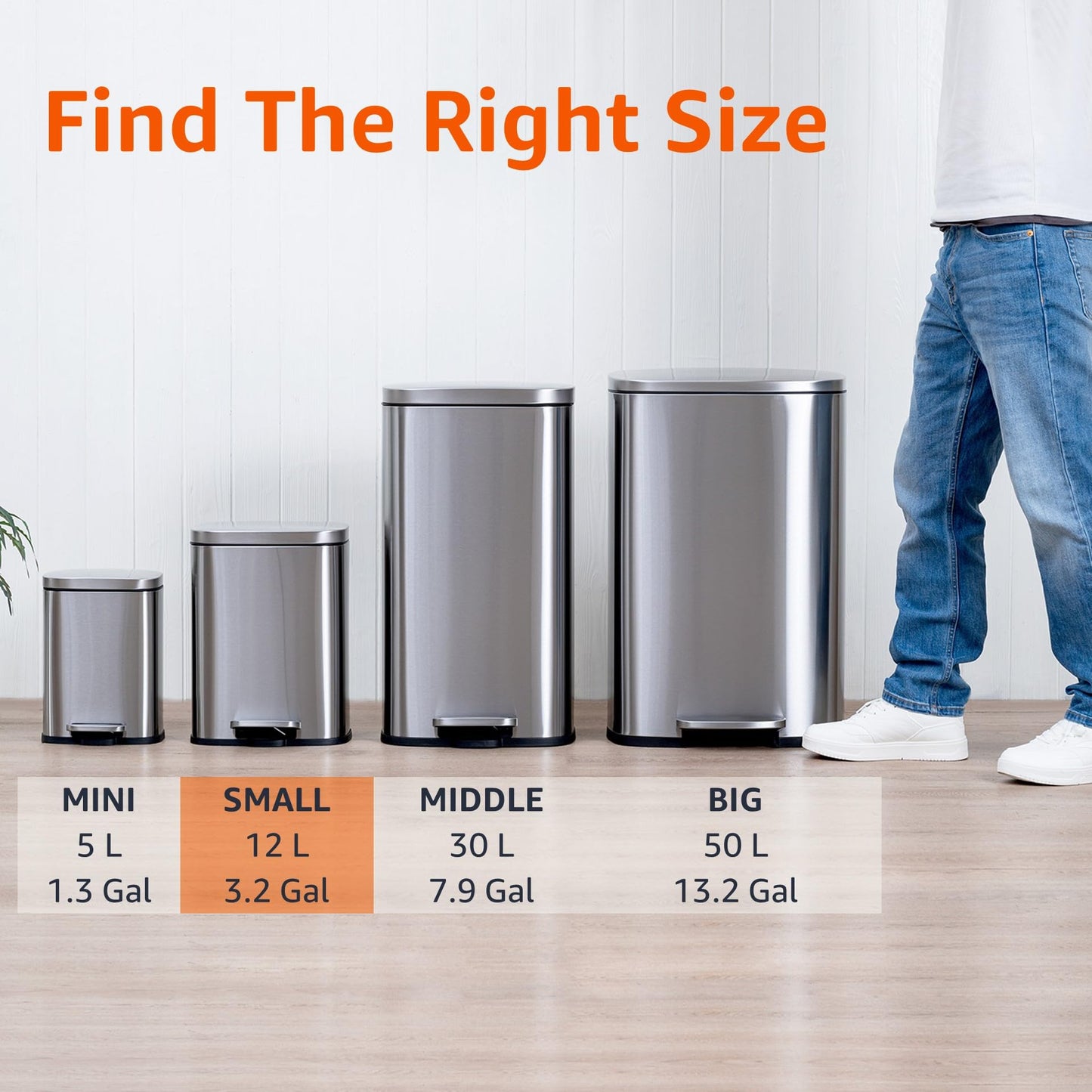 Amazon Basics Smudge Resistant Small Rectangular Step Pedal Trash Can with Soft-Close Lid, Removable Inner Bucket, Brushed Stainless Steel, 12 Liter/3.1 Gallon, Satin Nickel Finish