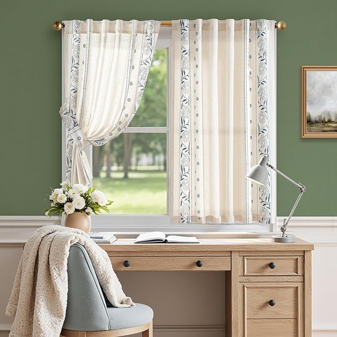 jinchan Winslow Linen Curtains 45 Inch Length Small Window Curtains Embroidered Bordered Floral Drapes Light Filtering for Bathroom Laundry Room Kitchen Farmhouse Decor Blue on Beige 2 Panels