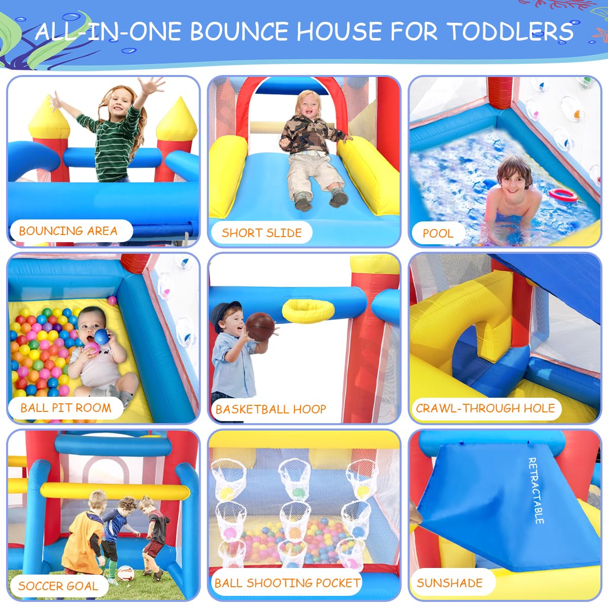 Baralir Inflatable Bounce House for Kids 3-6, Toddler Jumper with Slide and Ball Pit Water Pool(with Sun Cover), Perfect for Outdoor Indoor Kids Party - Blower Included