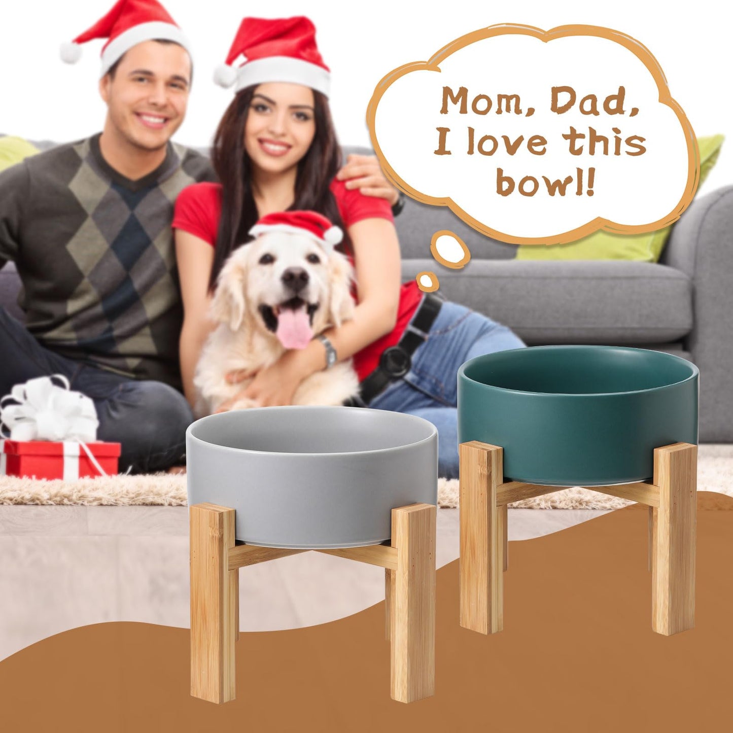 Raised Ceramic Large Dog Bowl - Heavy Weighted Dog Dish with Bamboo Stand - Elevated for Comfortable Feeding - 8.3" W x 8" H - 4.5 Cups (68 fl oz) - White
