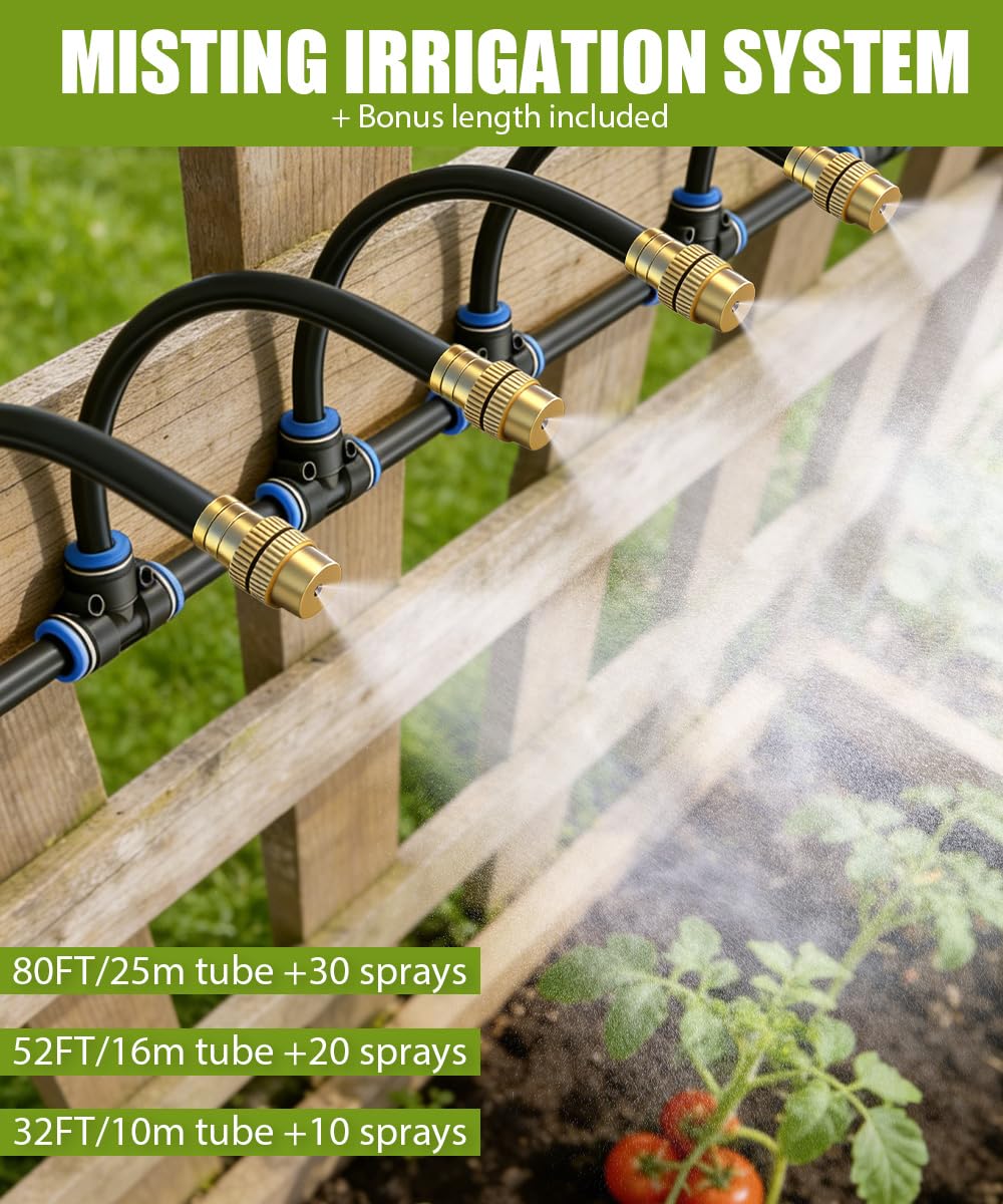 32FT Easy-Snap Garden Irrigation System for Raised Beds & Greenhouses, Upgraded 8mm (5/16") High-Flow PE Tubing with 10 Bendable 360° Copper Nozzles, Quick-Connect Plant Watering Kit