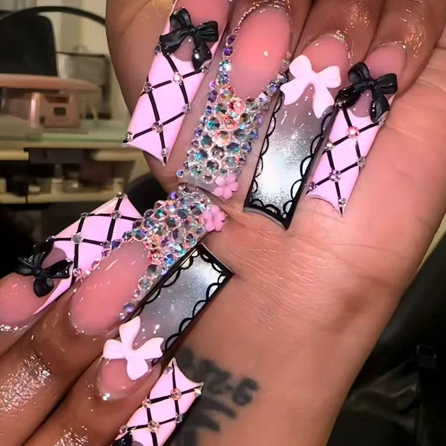 IMSOHOT Curved Press on Nails Long Square Fake Nails Pink Black French Tip False Nails with Bow, Glitter, Rhinestone Designs Cute Acrylic Extra Long Stick on Nails for Women Girls