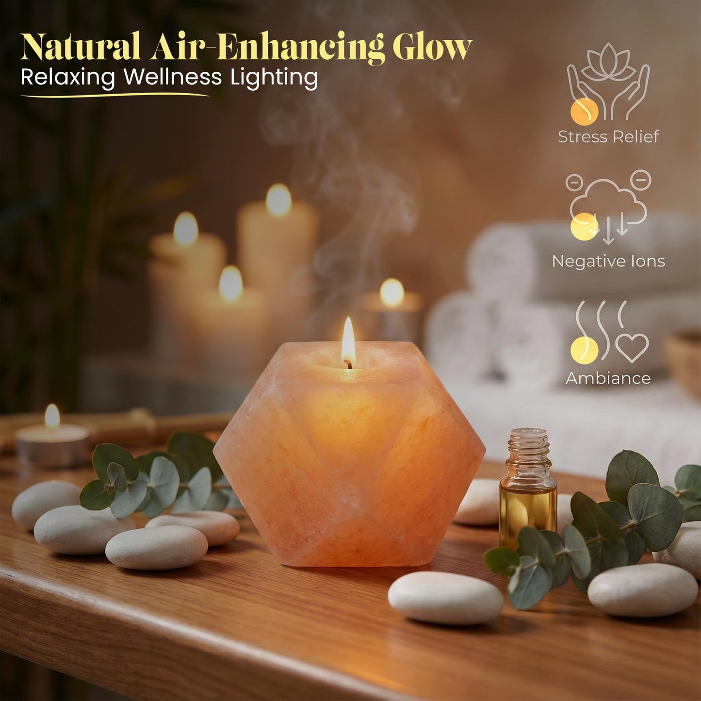 Himalayan Natural Salt Candle Holder – Premium Diamond Design, Hand-Carved Crystal, Includes 6 Tea Light Candles, Nice Glow for Home Décor, Meditation, Spa & Gifts