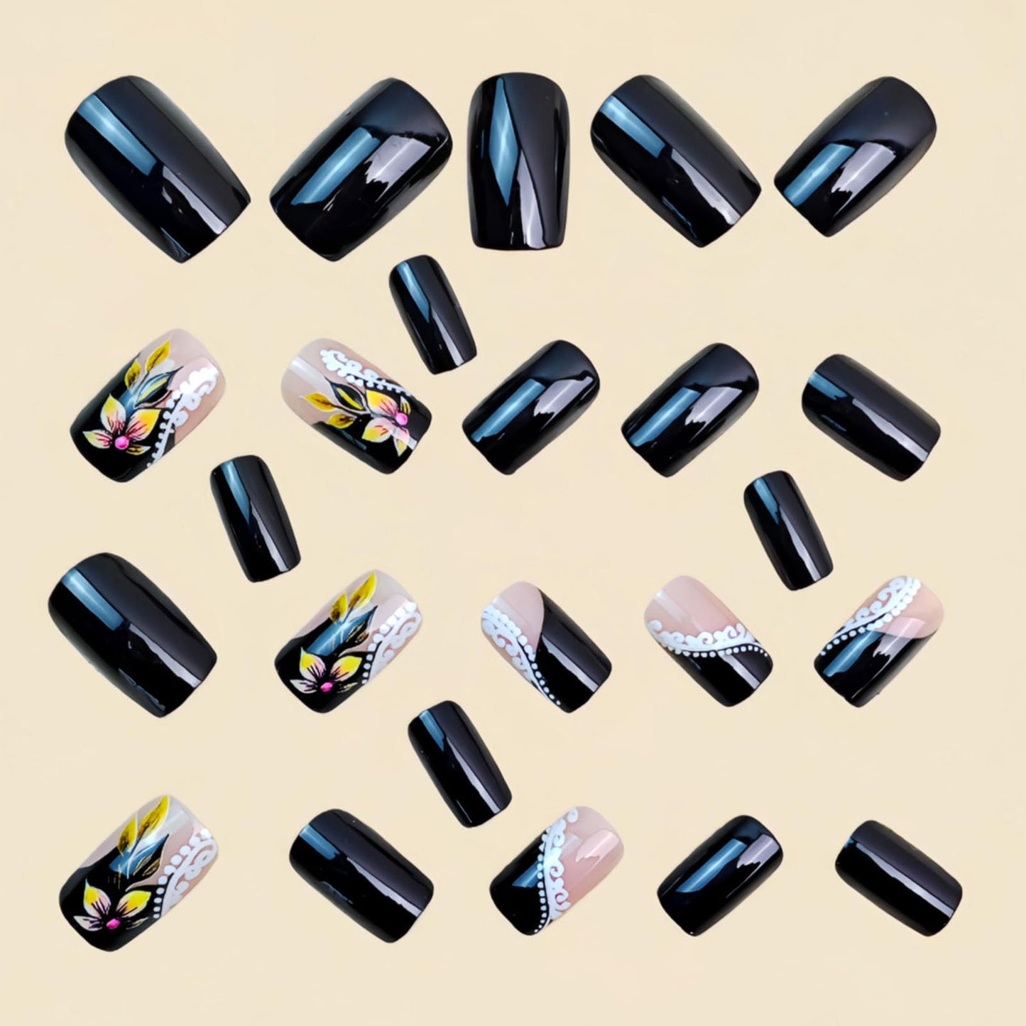 Medium Press on Nails Square Fake Nails with Yellow Flower White Lines Dot Designs Glossy Nails Press ons Black Full Cover Glue on Nails Cute Acrylic Nails Artificial Stick on Nails for Women 24Pcs