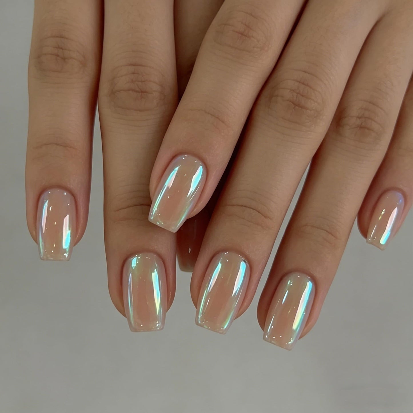 Chrome Press on Nails Short Square Fake Nails Glossy False Nails Aurora Acrylic Nails Reusable Full Cover Stick on Nails for Women Manicure