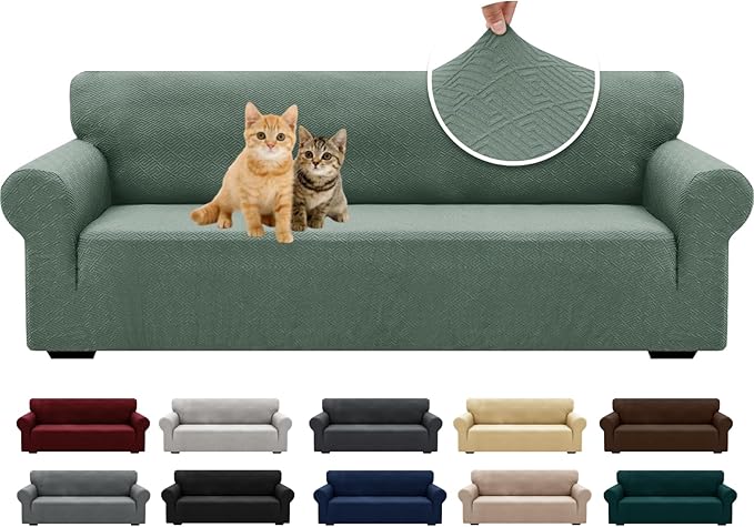 XINEAGE New Extra Large Couch Cover for 3 Cushion Couch (91"-110") 1 Piece Stretch Oversized Sofa Slipcovers Jacquard 4 Seater Furniture Protector Elastic Bottom for Kids,Pet (XL Sofa, Pea Green)