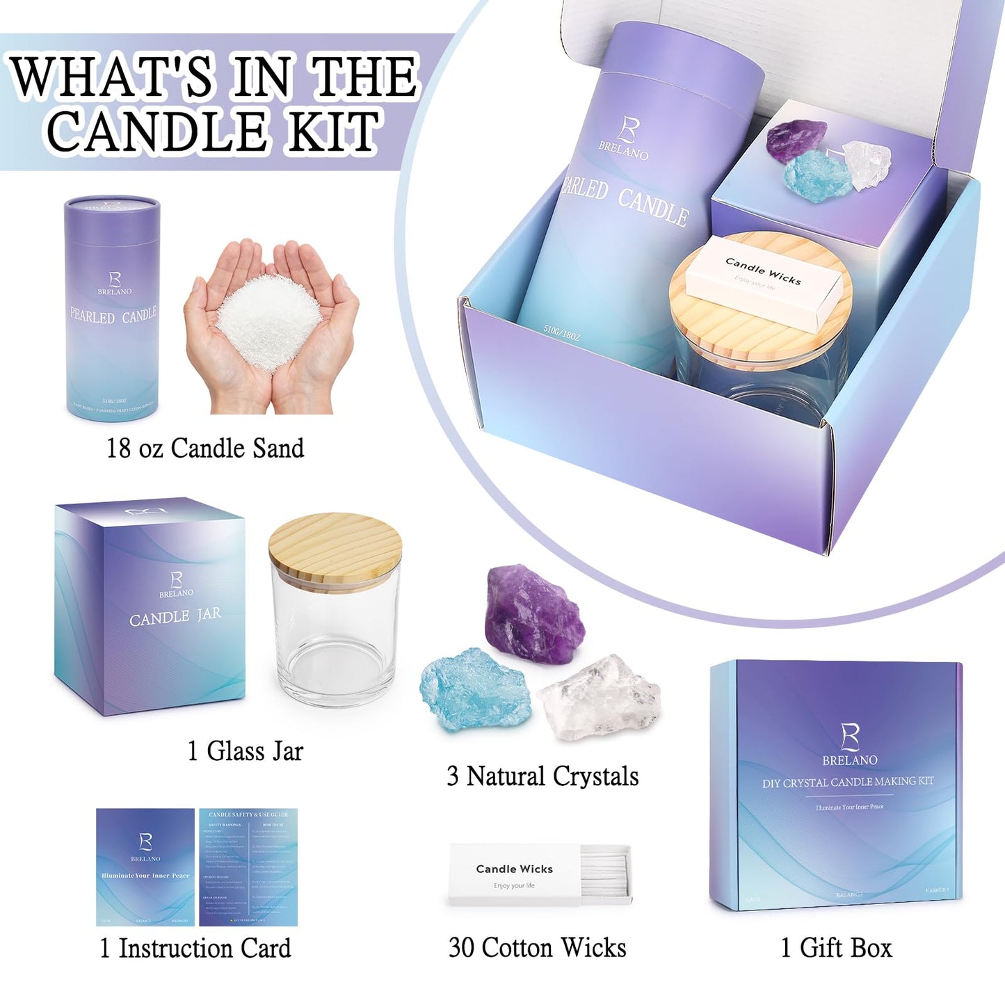 BRELANO Crystal Candle Making Kit – No-Melt Candle Sand, 18 oz Pearled Wax, 30 Cotton Wicks, 3 Natural Crystals & Refillable Glass Jar – DIY Candle Gift Set for Women & Home Decor,mom Gift