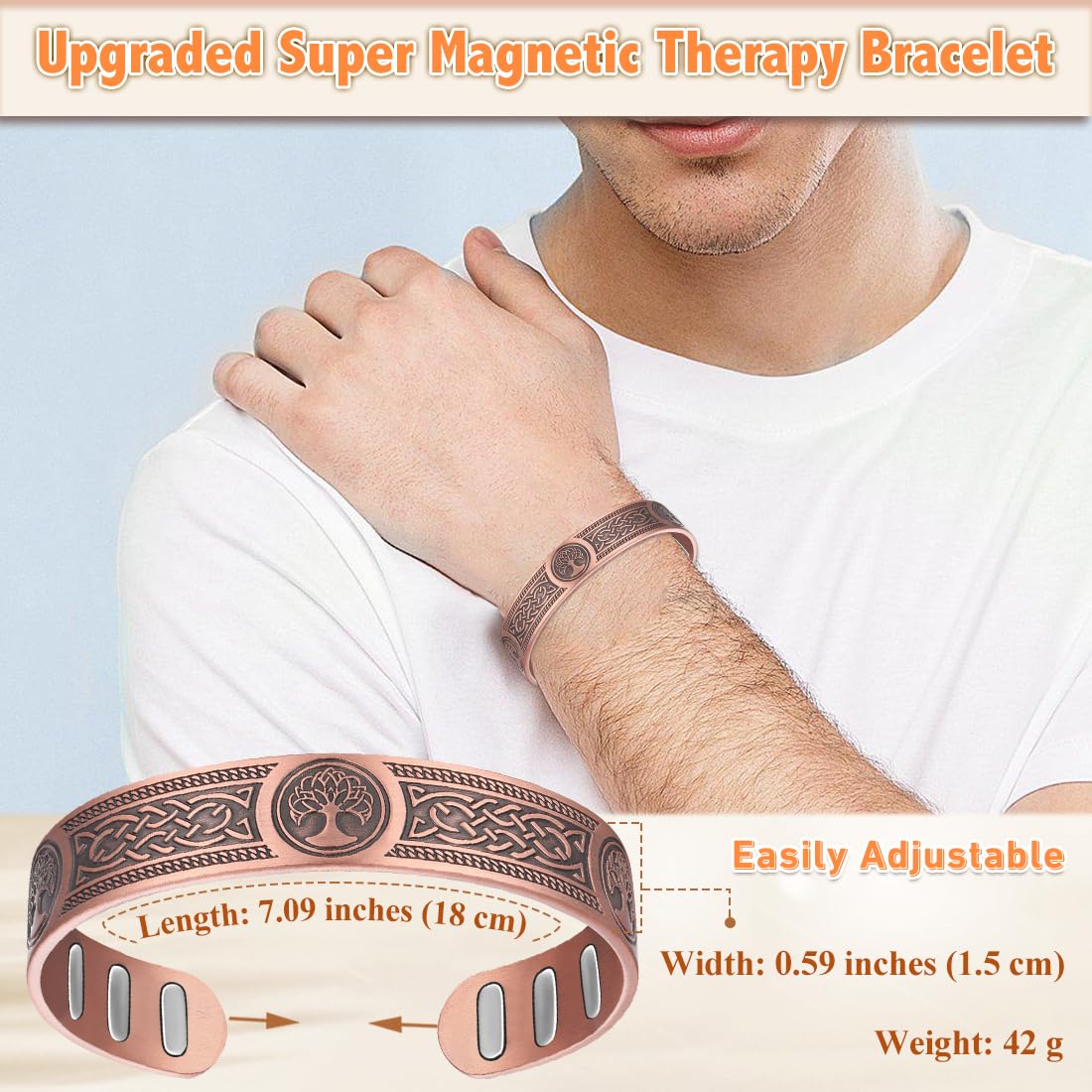 Cigmag Copper Bracelet for Men, with Powerful 9X 5000 Gauss Magnets, Adjustable Solid Pure Copper (Viking Lotus Life Tree)