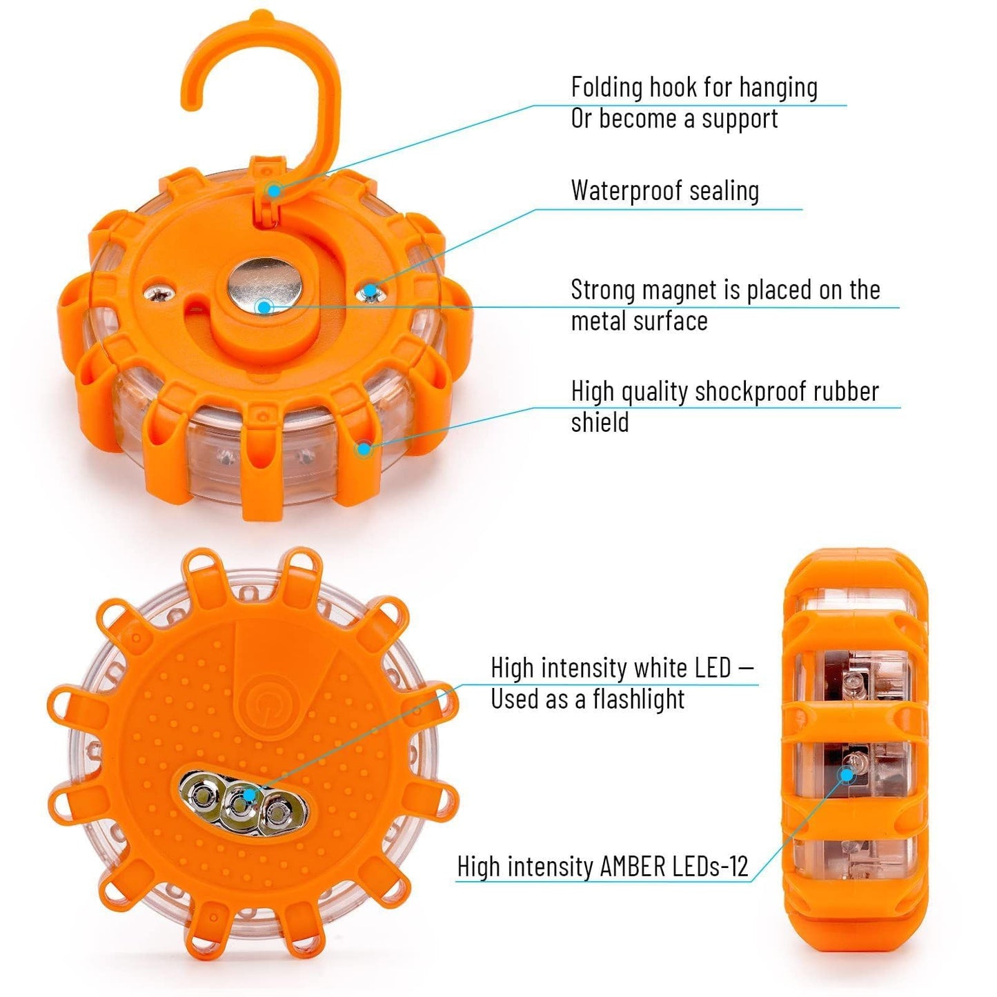 HEIGPAN GP908 8 Pack LED Road Flares Emergency Roadside Lights Safety Flashing Warning Beacon Disc Warning Flare Kit with Hook Magnetic Base for Car Truck & 9 Flash Modes (Batteries Not Included)