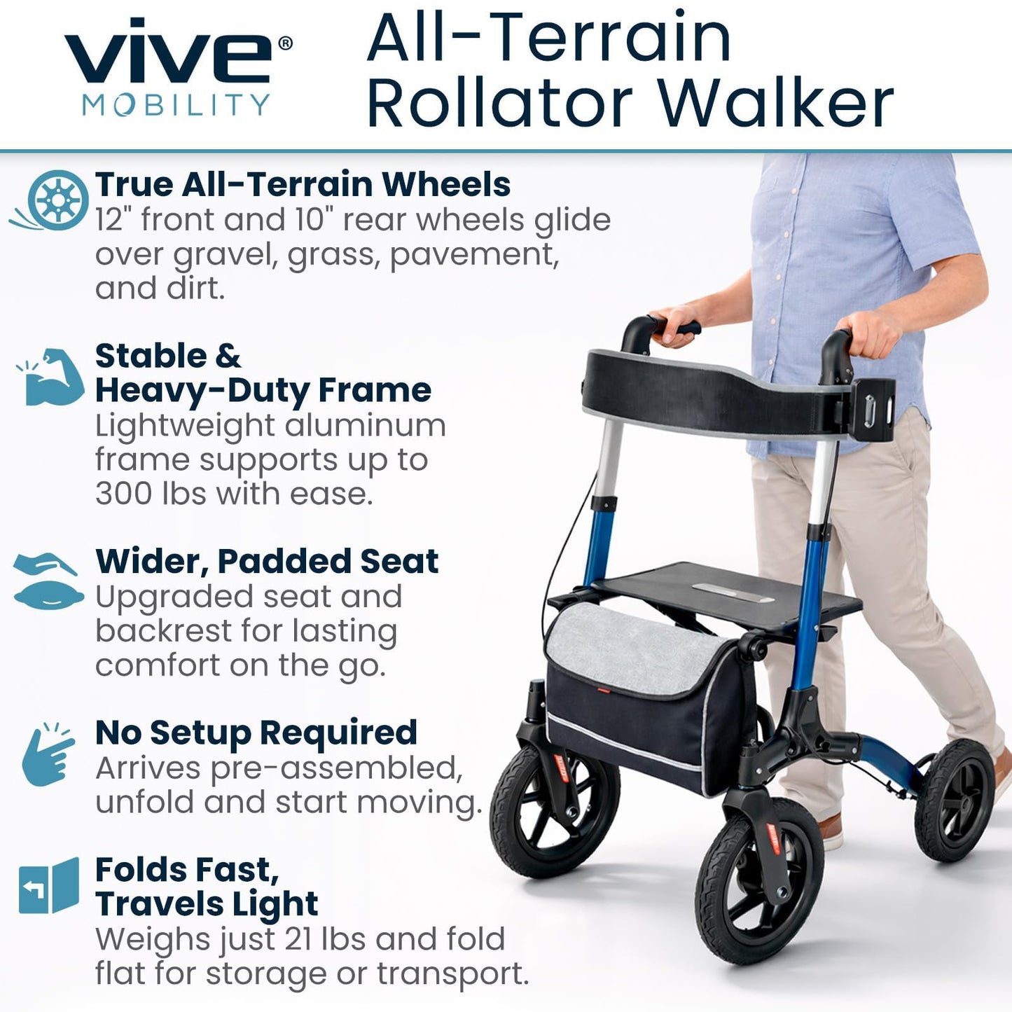 Vive All-Terrain Rollator Walker with 12” Pneumatic Wheels - Padded Seat & Backrest, Lightweight Outdoor Rolling Walker with Big Wheels - Foldable with Height Adjustments