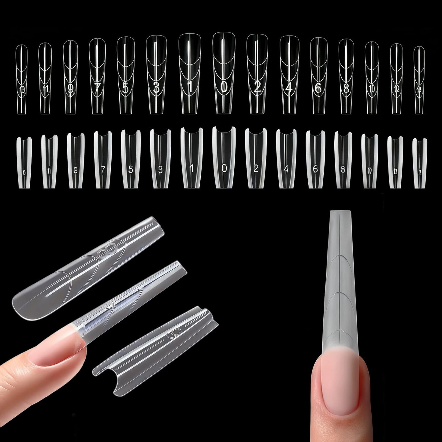 Sandwich Nail Dual Forms - 240Pcs | Almond Round Shape Nail Extension Kit with Alignment Guides | Reusable Mold for Builder Gel & Polygel (Long coffin shape)