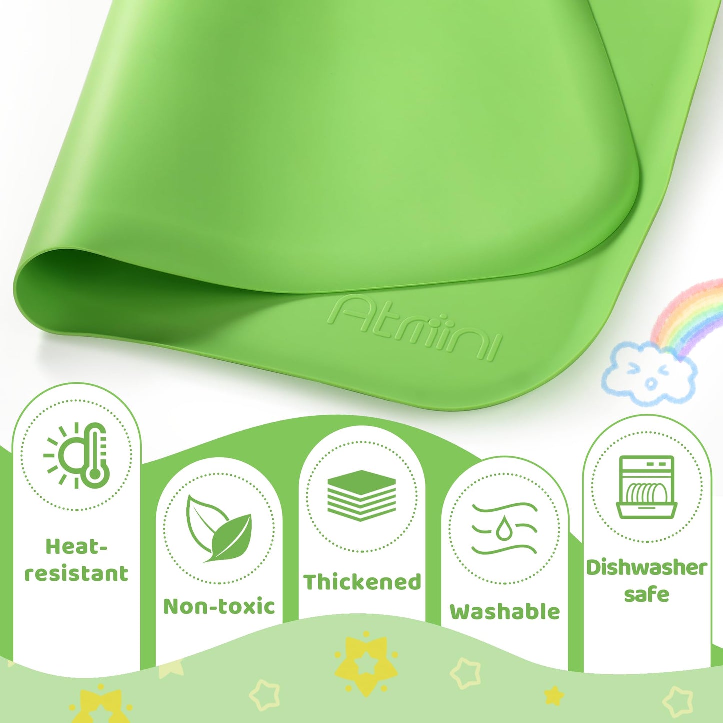 AtMini Silicone Craft Mats for Kids 24"x16"– with Raised Lip & Non-Slip | Reusable Silicone Art Mat for Play Sand, Painting, DIY Crafts | Durable Design (Green)