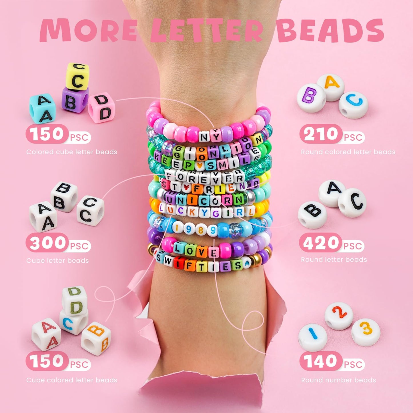 Gionlion 4200Pcs Pony Beads for Bracelet Making Kit, 48 Colors Kandi Beads Bracelet Kit, 2500PCS Rainbow Candy, 1700PCS Friendship Letter Bead with 20 Meter Elastic Strings