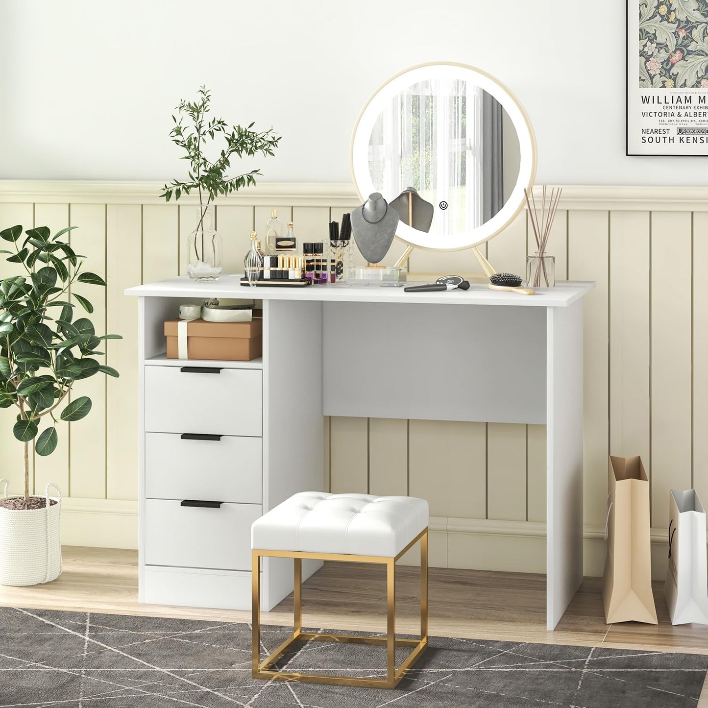 Tangkula White Desk with 3 Drawers & Charge Station, Home Office Desk with Open Shelf, Study Writing Desk, PC Desk Computer Workstation, Modern Computer Desk for Bedroom, Study