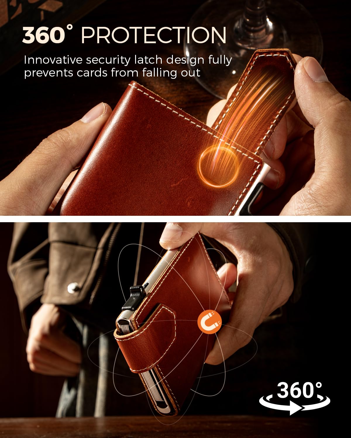 LORZOR Slim Wallet for Men with Security Latch, Pop Up Metal Card Holder Wallet, Finest Full Grain Leather Bifold Wallets, Smart, Minimalist, RFID Blocking, Front Pocket, ID Window