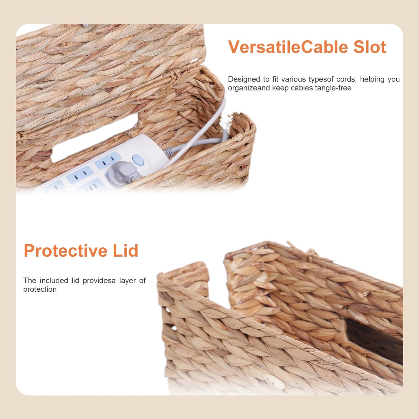 KWEEHAWTI Cable Management Box, Cord Hider Organizer Box with Lid 2-Pack,2 Side Open Slots Handwoven Water Hyacinth Storage Box for Power Strips, Floor, Desk, Office