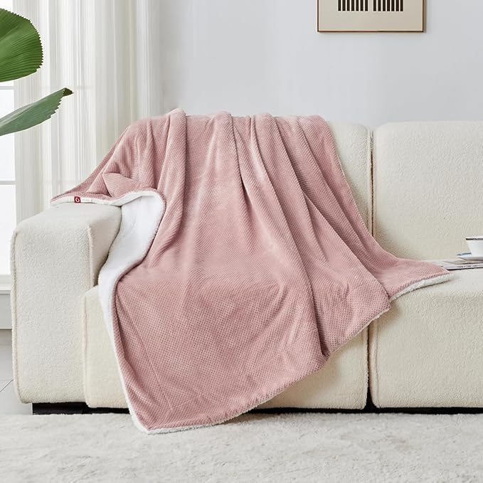 SOCHOW Waffle Sherpa Fleece Throw Blanket, Super Soft Fuzzy Warm, Lightweight Fluffy Reversible Plush Blanket for Bed Sofa Couch, 60 x 80 Inches Dusty Pink