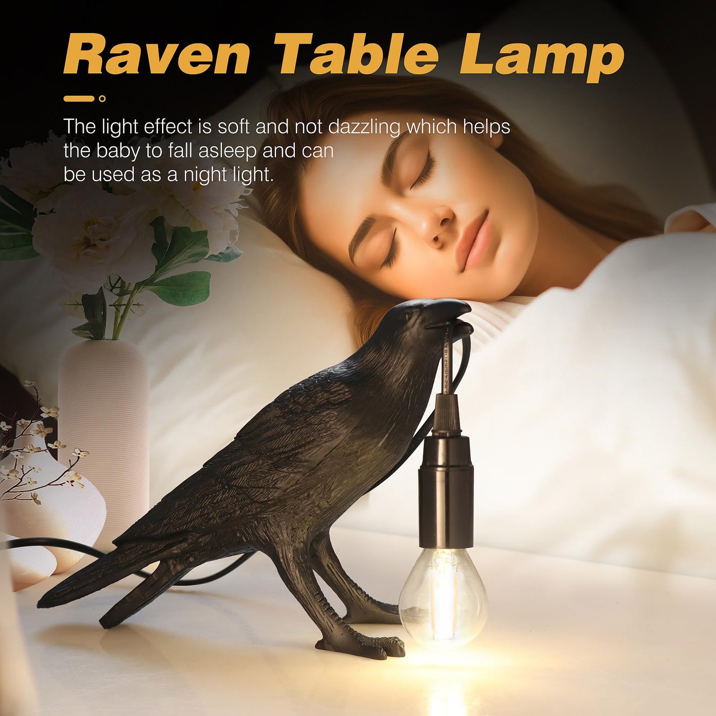 Halloween Crow Lamp, Raven Table Lamp with Bulb, Bird Desk Lamps, Gothic Home Decor Crow Light, Christmas Raven Lamp for Bedside Bedroom Living Room Decor