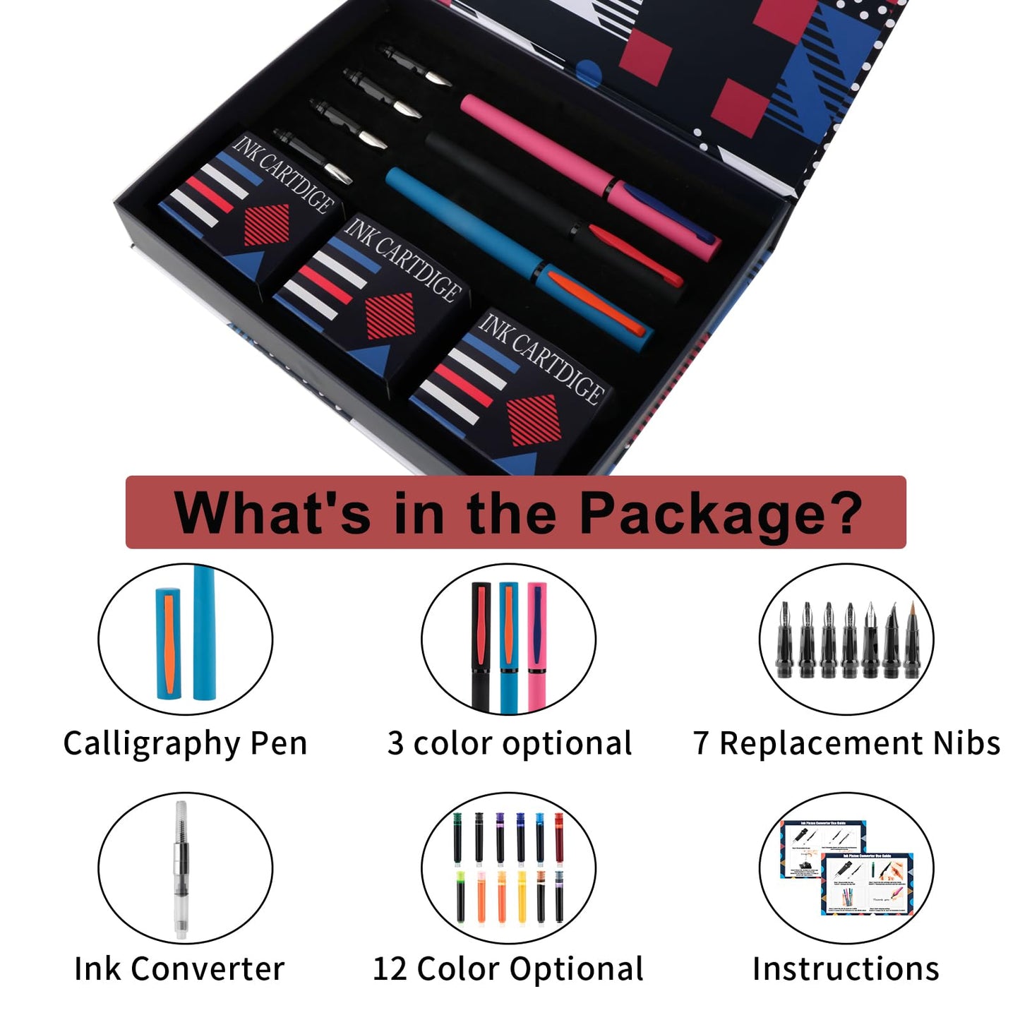 DTianSir Calligraphy Pen Set,Fountain Pens with 7 Different Replaceable Nibs with 60 Ink Cartridges(12 Colors),Calligraphy Set for Beginner Writing Drawing