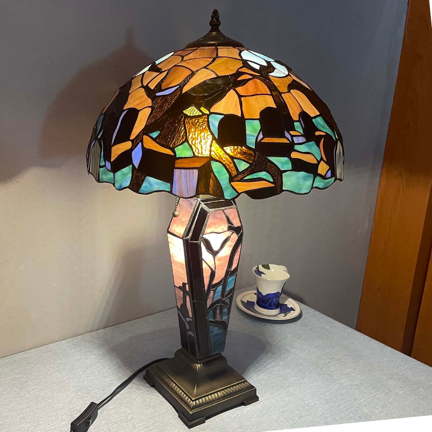Bieye L10987 Ravens in Spooky Cemetery Tiffany-Style Stained Glass Table Lamp with Coffin Base Night Light - Gothic Graveyard Scene (Dark Orange, 16Wx26H inch)