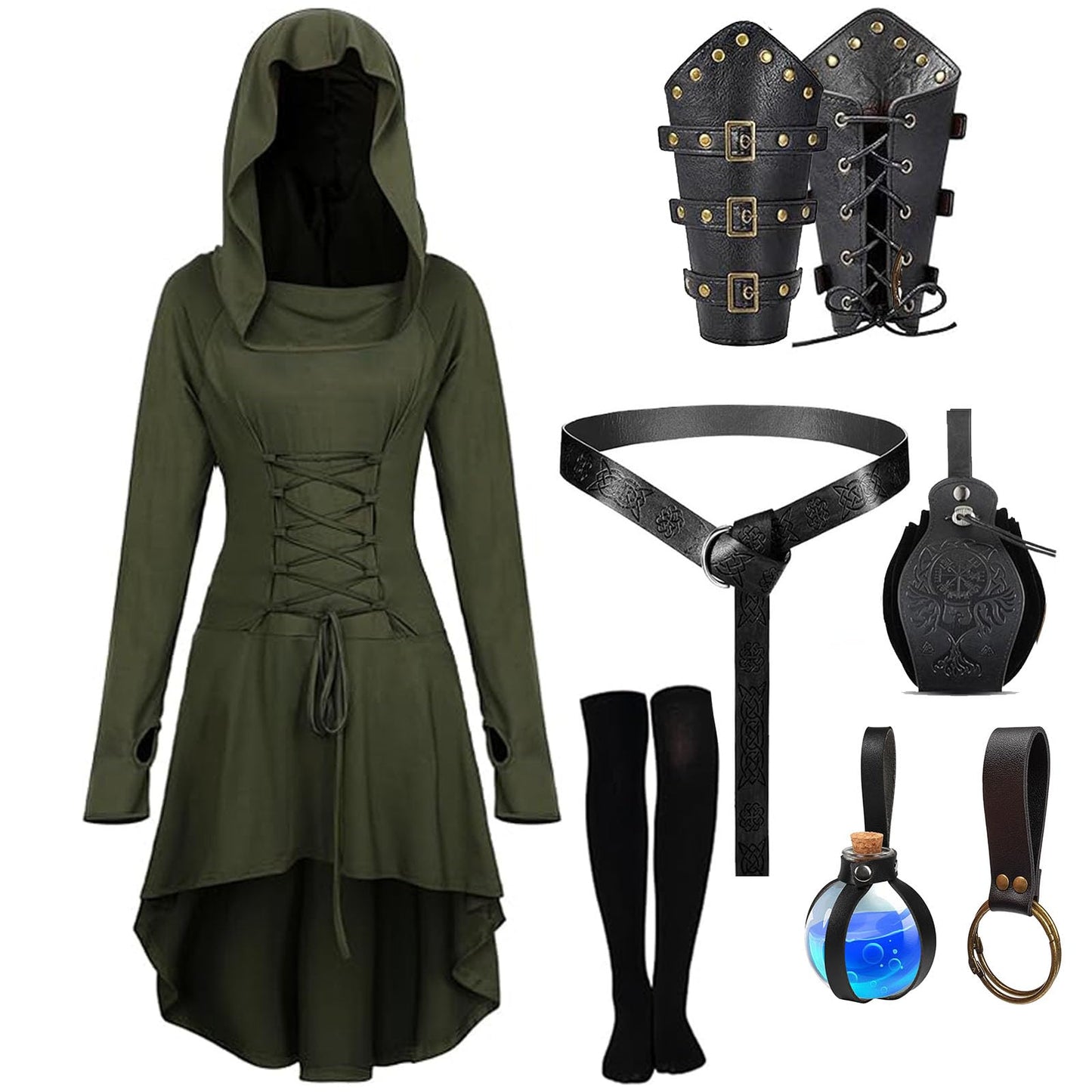 SUMGOGO 8 Pcs Renaissance Womens Costume Medieval Hooded Robe Belt Pouch Arm Bracers Hook Potion Bottole DIY Festival Accessory (Green-Black, M)