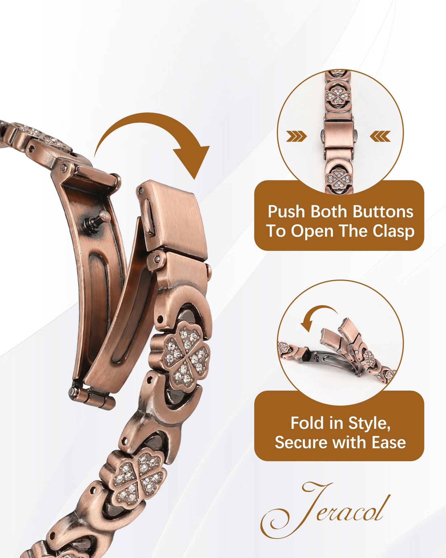 Jeracol Copper Bracelet & Ring for Women, Ultra Strength Magnetic Bracelet with 3800 Gauss Magnets, Four-Leaf Clover & Infinity Heart & Crystal, Adjustable Tools & Jewelry Gift Box(Copper Style)