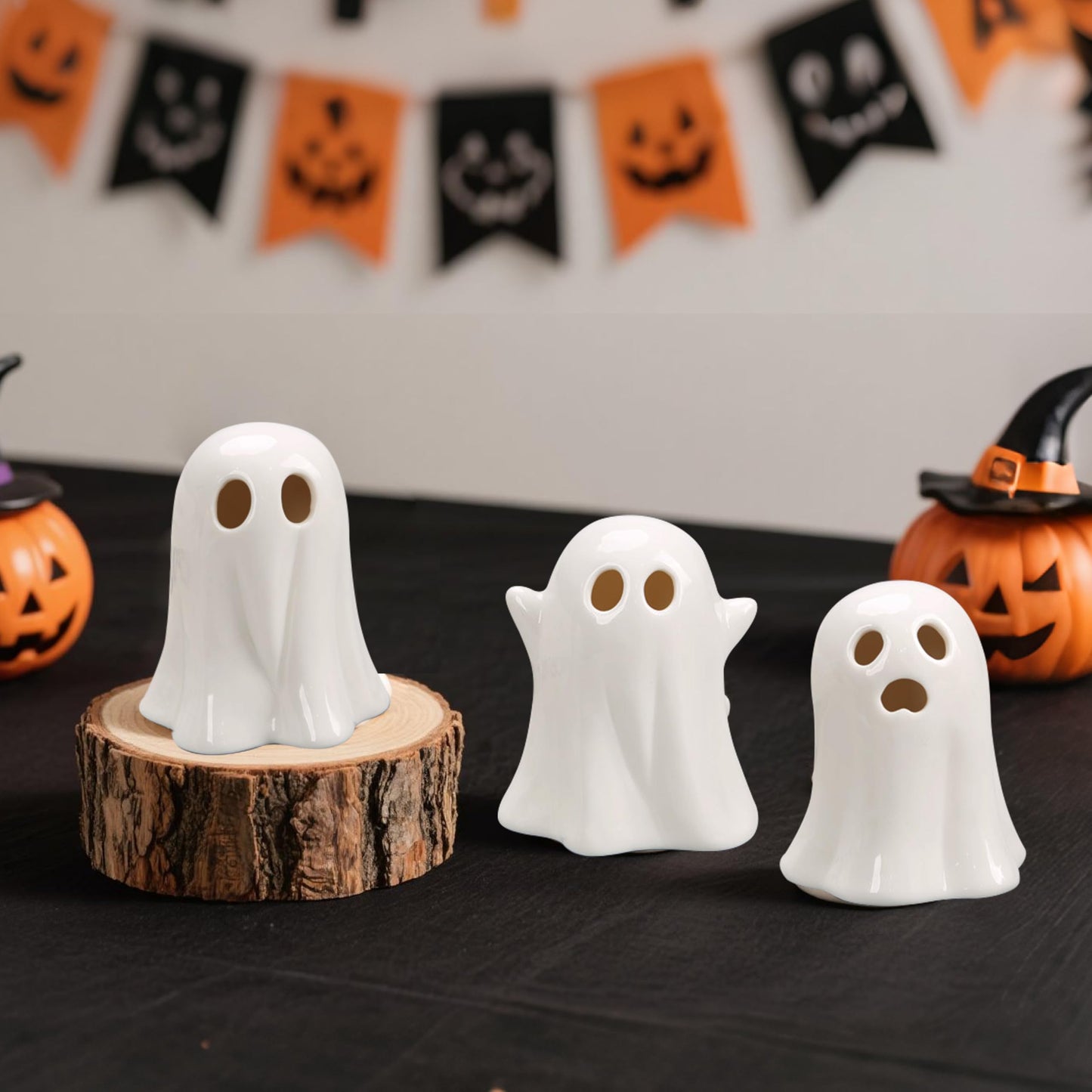 CUTEHO Cute Ghost Light Up Halloween Decor, LED White Ceramic Spooky Lanterns Decorative Light Halloween Party Decoration for Tiered Tray Shelf Table Centerpieces Desk Bedroom Room（3 Pack）