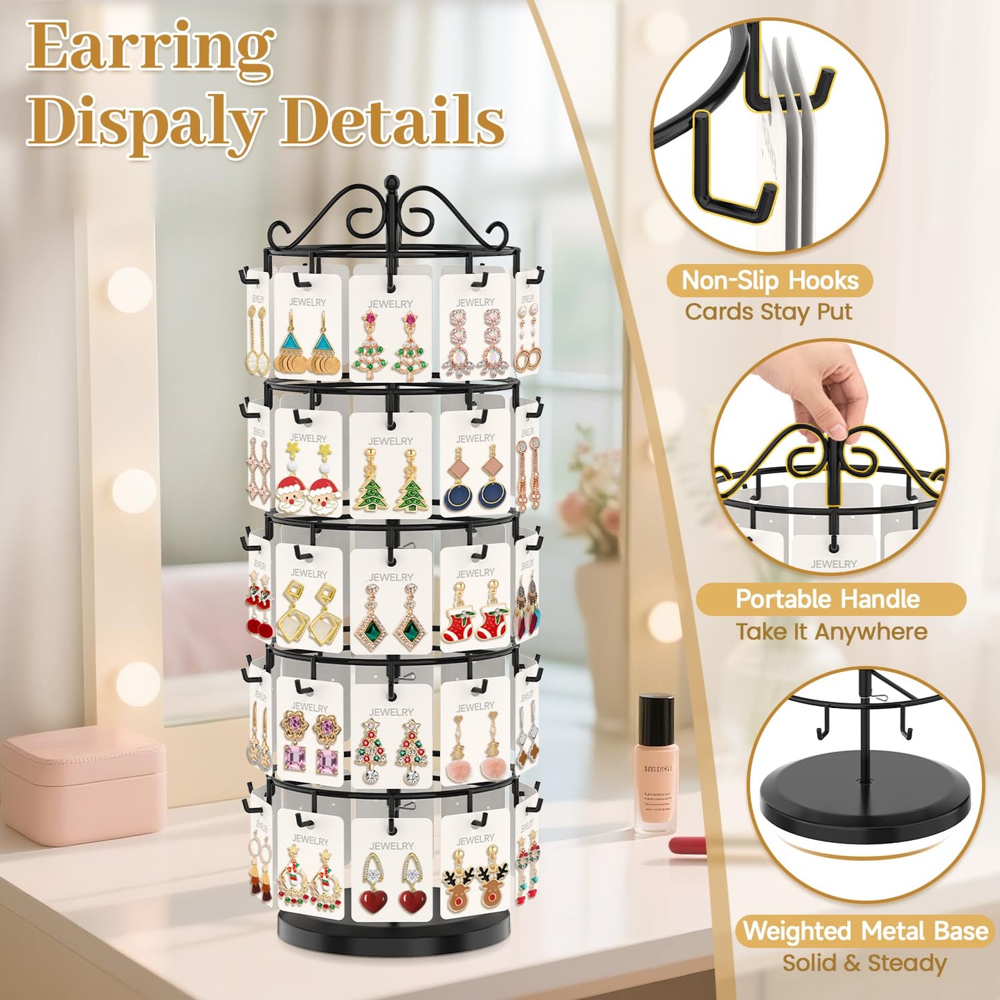 MODOWEY Earring Card Display Stand for Vendors, 50 Hooks Metal Rotating Organizer Rack Holder, 5 Tier Adjustable Jewelry Tree for Stud Pierced Dangle Selling, Boost Sales Compact Earing Hanger, Black