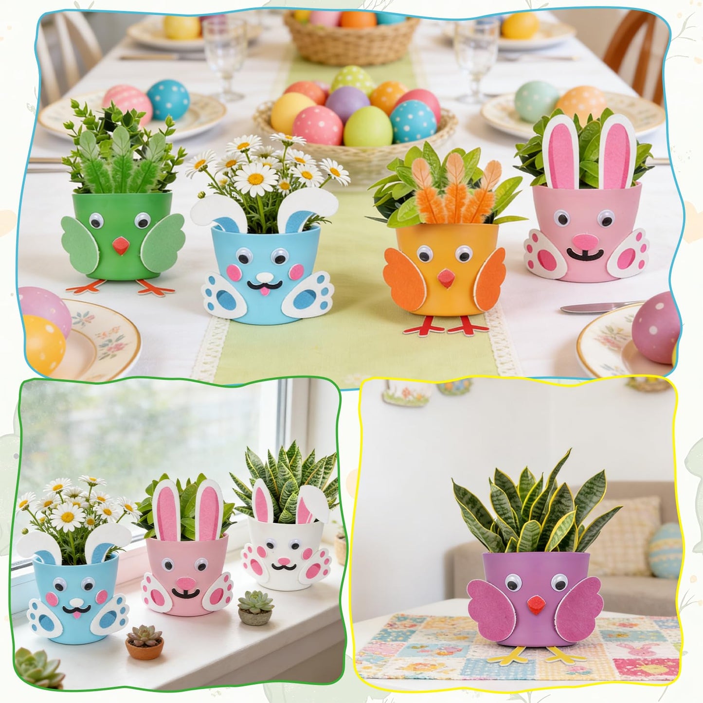 HFYZZ 24 Sets Easter DIY Flower Pots Crafts Kit Include Spring Bunny, and Little Chick Felt Sticker with 24 Flower Pots for Spring Easter Party Decorative Supplies
