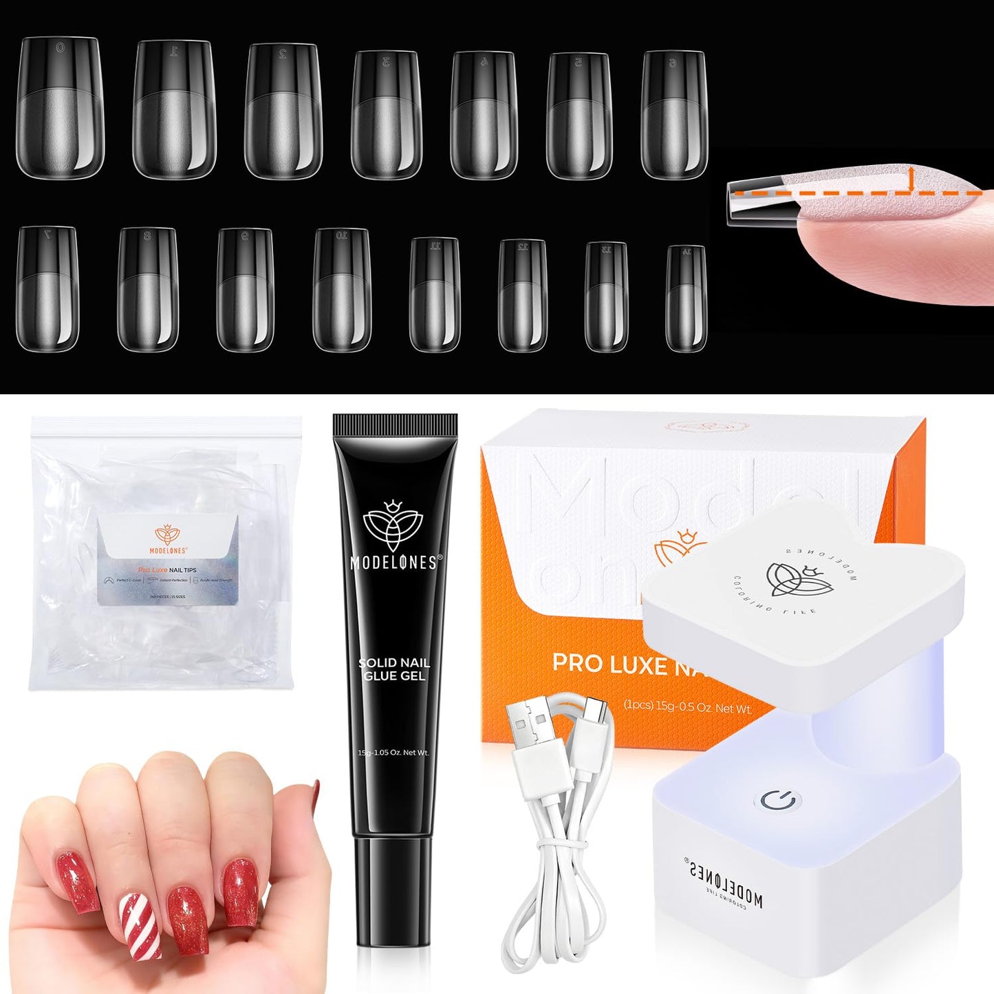 modelones X Nail Gel Kit Square, 15Sizes False Nail Tips Instant Apex Solid Glue & Mini LED Light, Medium Square Pre-Building Thick Acrylic Press on Tips U/V Lamp Extension Kit Women Gift 240Pcs