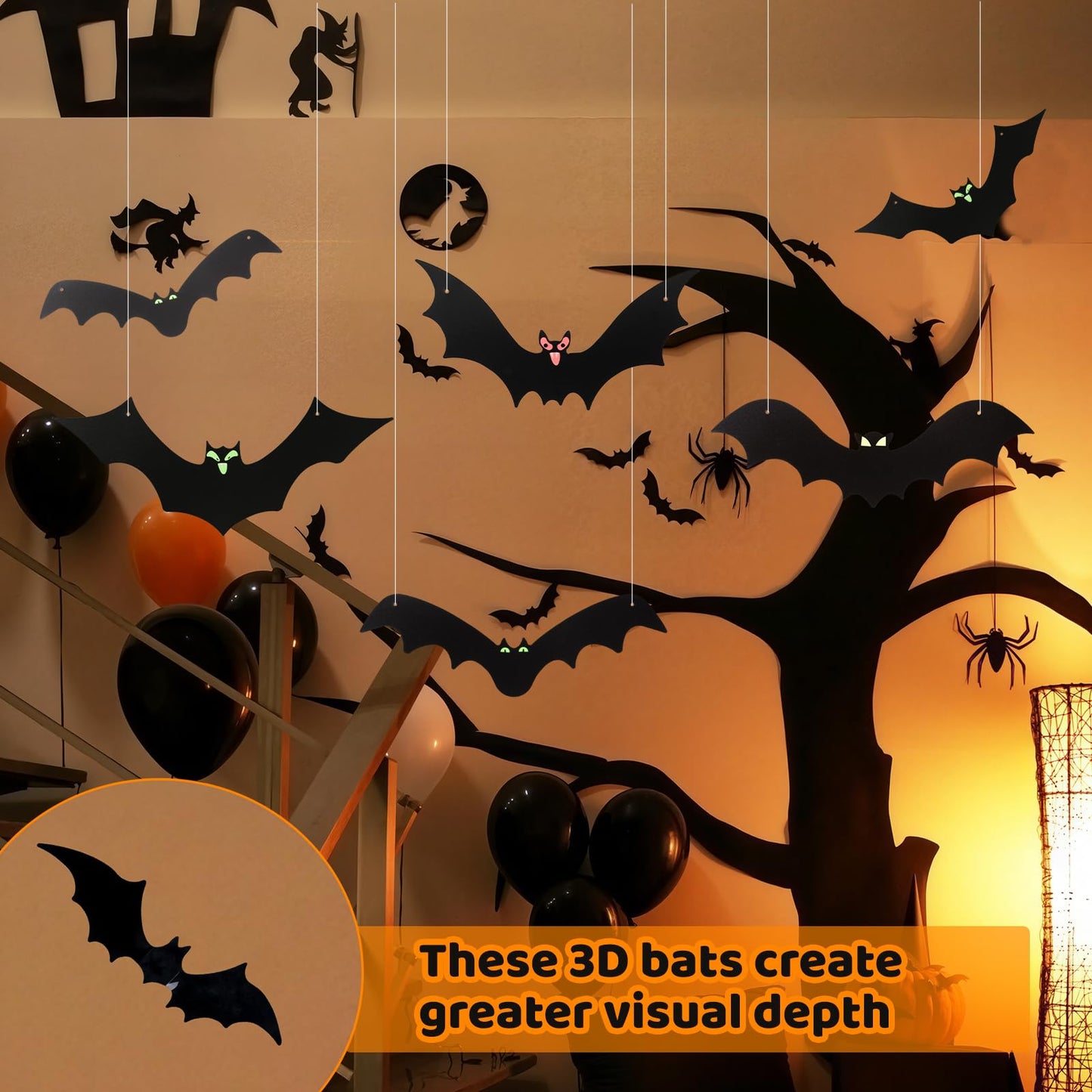 12 Pack Halloween Decorations Hanging Bats - 3 Style Scary Hanging Bat Set with 3D Bats Sticker, Outdoor Scary Flying Bats Set for Yard, Haunted House, Party - Indoor Outdoor Waterproof Decor