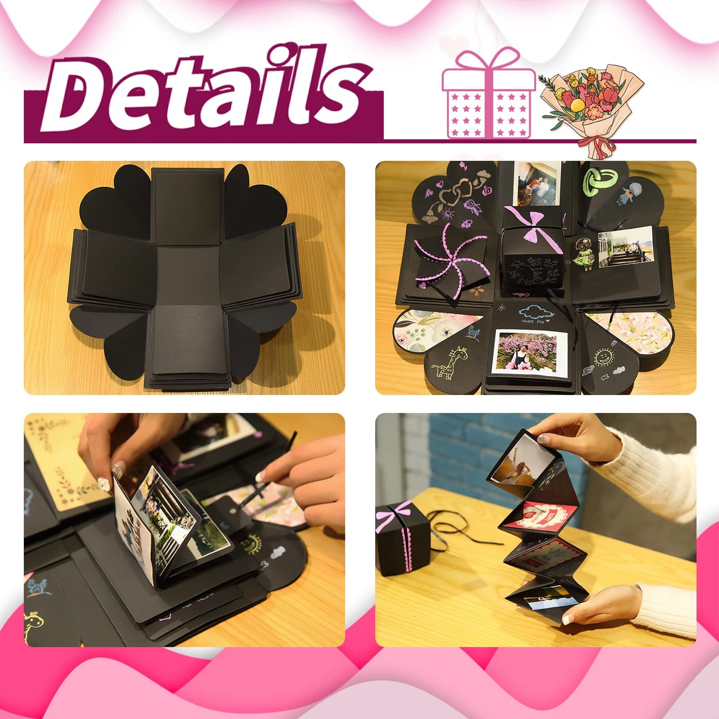 Hamiggaa Explosion Box Gifts,Surprise Creative DIY Photo,Exploding Love Box,Love Memory Photo Box with 4 Faces for Anniversary,Birthday,Valentine's Day and Wedding(Black)