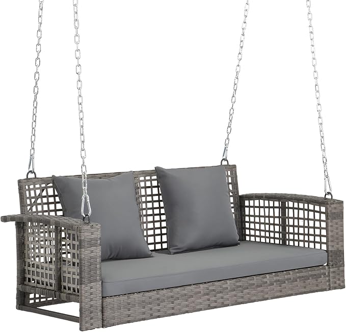 VINGLI 4 FT Rattan Porch Swing Outdoor Support 800 LBS with Cushions & Adjustable Chains, Patio Wicker Swing Bench Chair for Garden, Yard, Lawn, Tree, Grey