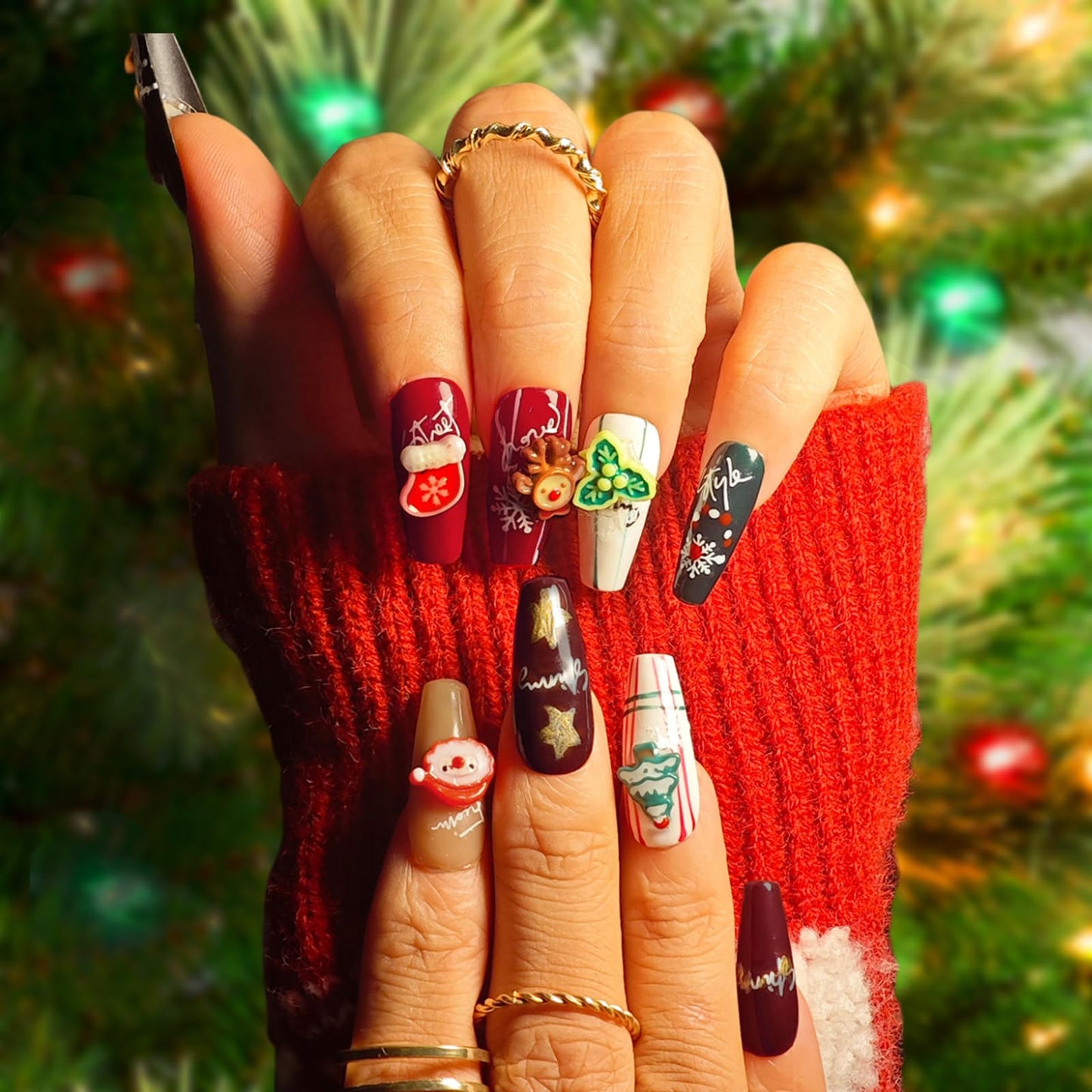Handmade Press On Nails Coffin, Red Medium, Cute 3D for Women Gift, Reusable Stick On Fake Kit With Glue (Green/Red/White, XS)