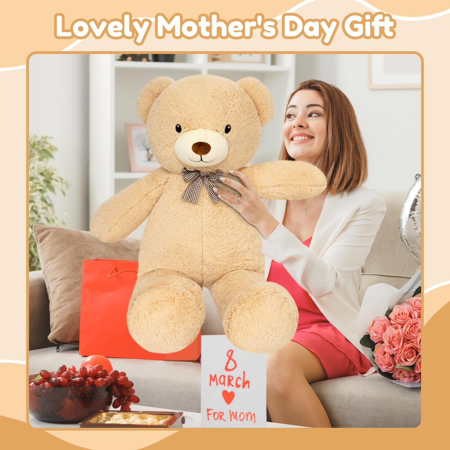 SQEQE Giant Teddy Bear Stuffed Animals 39 in, Large Teddy Bear Plush for Kids Adults, Cute Huge Plushies for Birthday Valentine's Gift
