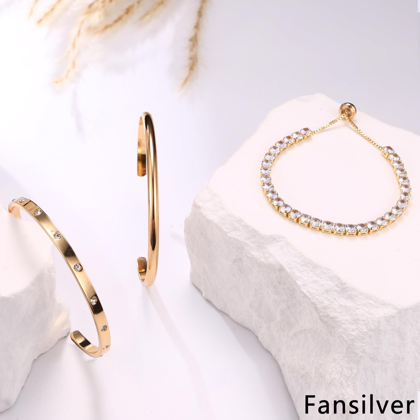 Fansilver 3PCS Gold Bracelets Set - 14K Gold Plated Link, Cuff, Bead Ball, Twisted Chunky Bangle Stackable Bracelets