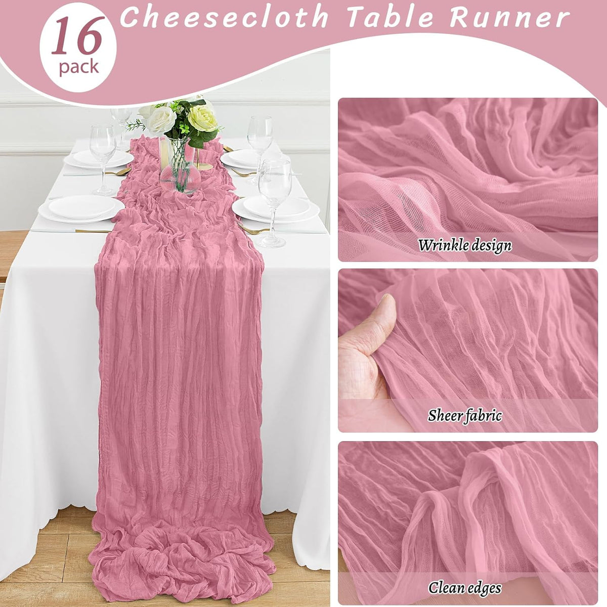 16Pack Dusty Rose Cheesecloth Table Runner 10FT Gauze Cheese Cloth Table Runner 35x120Inch Long Boho Spring Easter Table Runners Rustic Sheer Table Runners for Wedding Baby Shower Bridal Shower Decor