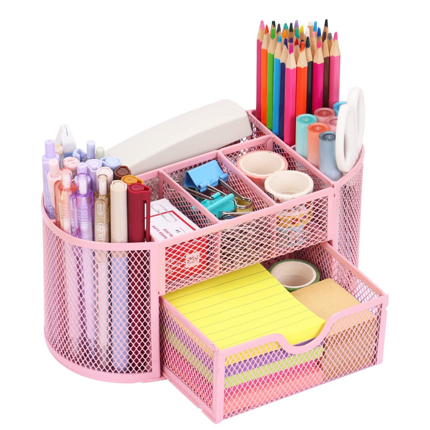 EOOUT Pink Desk Organizer, Pen Holder for Desk and Accessories, Mesh Desk Organizer with 8 Compartments and 1 Drawer for Office Home School Classroom