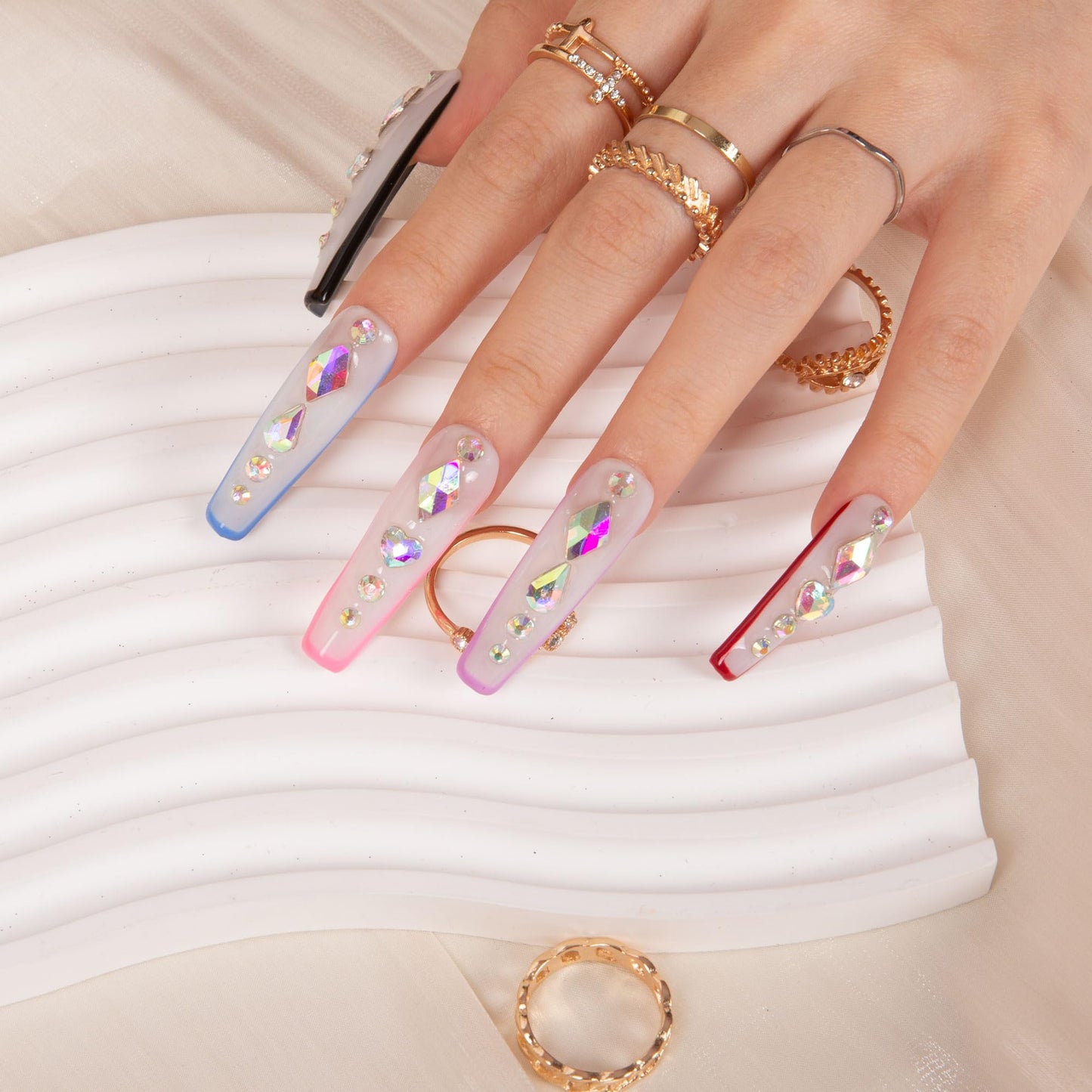 LOVFUL Press on Nails Galaxy Colorful French Tip | Handmade with Full Covered Crystals | Reusable Full Cover Nails | Coffin Mid length 1.7 in | H86-L