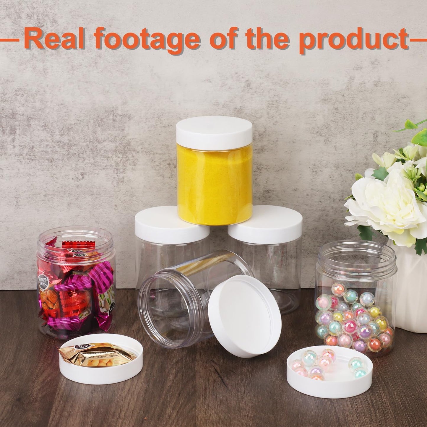IHDYPPEW 48 Pack 8 OZ Clear Plastic Jars with White Lids, Empty Plastic Mason Jars, Plastic Cosmetic Jars with Lids for Cream, Body Butters, Moisturizers, Candy, Beads, Samples (Clear)